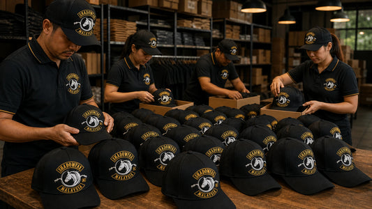 Bulk order of custom motorcycle club caps with an authorized logo being inspected and packed.