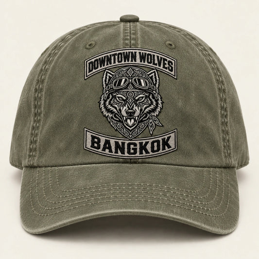 faded olive motorcycle club vintage dad hat with an authorized club logo.