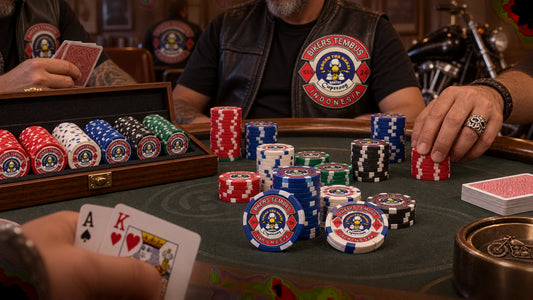 Motorcycle club members using a multi-color custom clubhouse poker chip set.