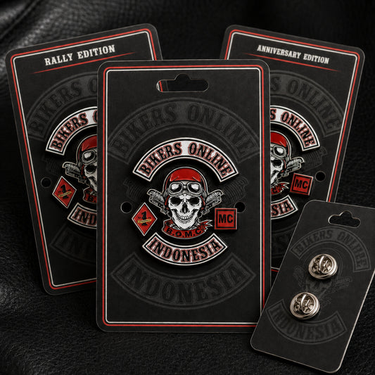 Bikers Online Indonesia motorcycle club enamel pin presented on coordinated custom printed backing cards for rally and anniversary editions.