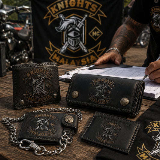 Event-edition motorcycle club wallets with an authorized logo displayed at a regional chapter run check-in.