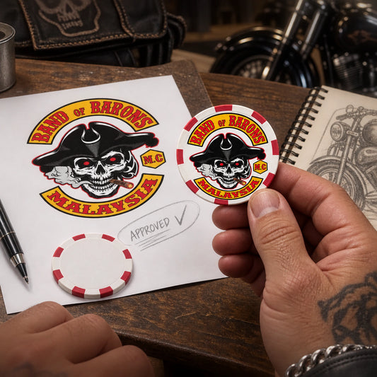Approved motorcycle club logo reference prepared beside a solid poker chip sample.
