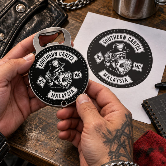 Authorized motorcycle club logo prepared beside a solid blank bottle opener.