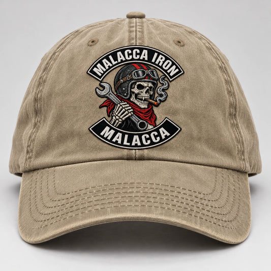 vintage khaki motorcycle club vintage dad hat with an authorized club logo.