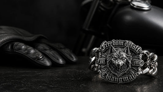 Freedom Wolf Chiang Mai motorcycle club bracelet created in sculpted silver