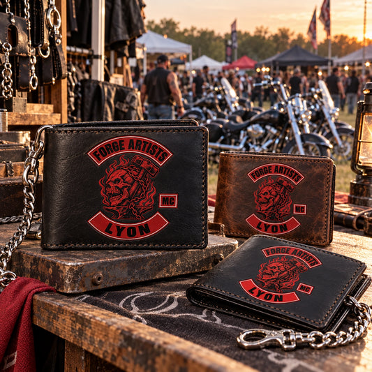 Rallies & Bike Weeks shown as custom motorcycle club leather wallet gear with an authorized club emblem.