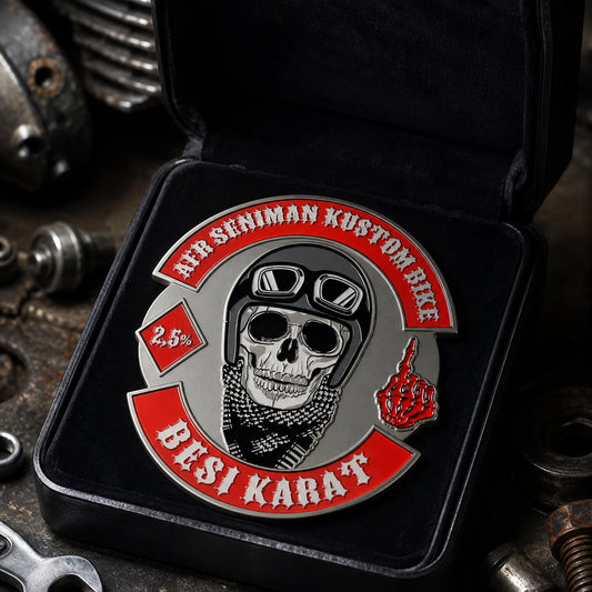 Motorcycle club pin in premium presentation packaging.