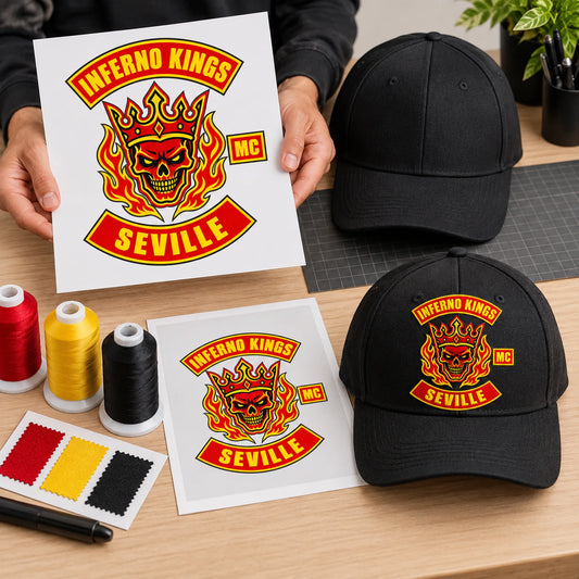 Authorized motorcycle club logo reference being prepared beside a custom cap and color swatches.