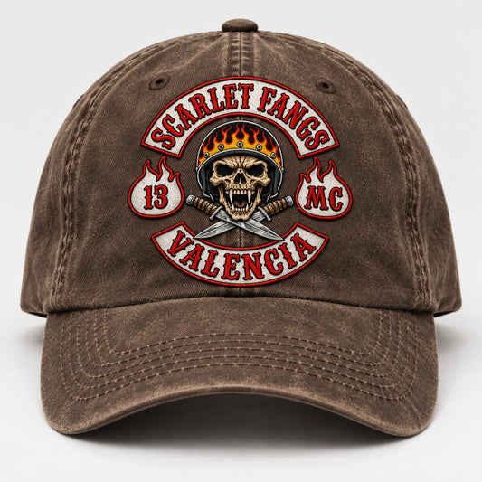 washed brown motorcycle club vintage dad hat with an authorized club logo.