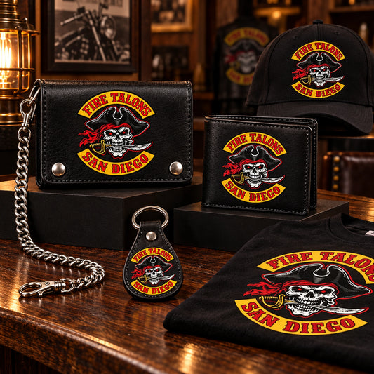 Fire Talons San Diego motorcycle club wallet displayed with matching chain, cap, shirt and key fob merchandise.