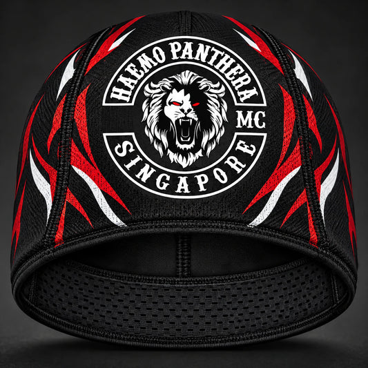 Sweat Management custom motorcycle club skull cap with an approved full-coverage club design.