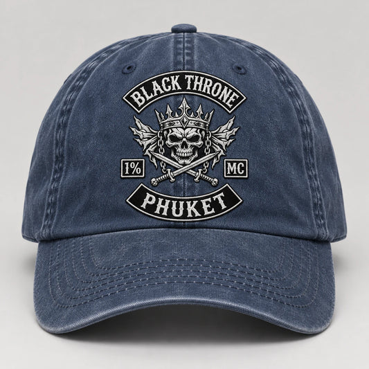 dusty navy motorcycle club vintage dad hat with an authorized club logo.