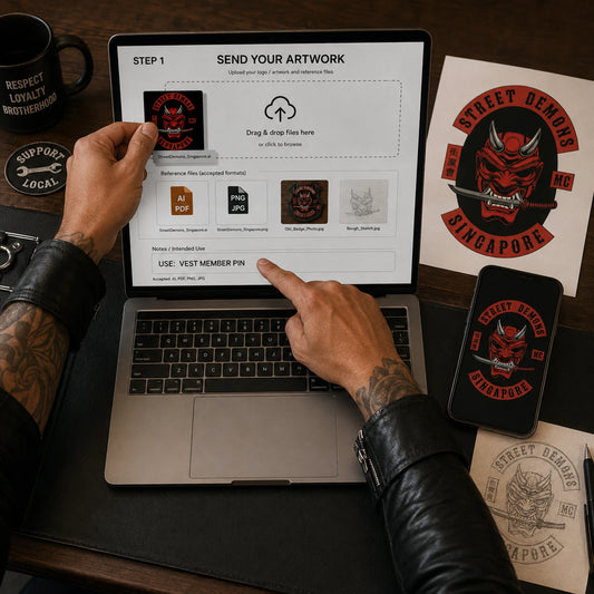 Motorcycle club representative uploading approved Street Demons logo files, a photo and a sketch for a custom vest pin.