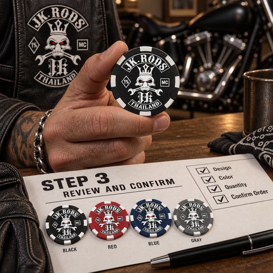Motorcycle club representative reviewing a solid poker chip sample and color choices.