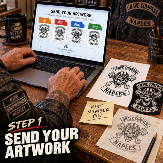 Motorcycle club representative submitting approved Grave Compass logo files, a patch photo and a sketch for pin design.