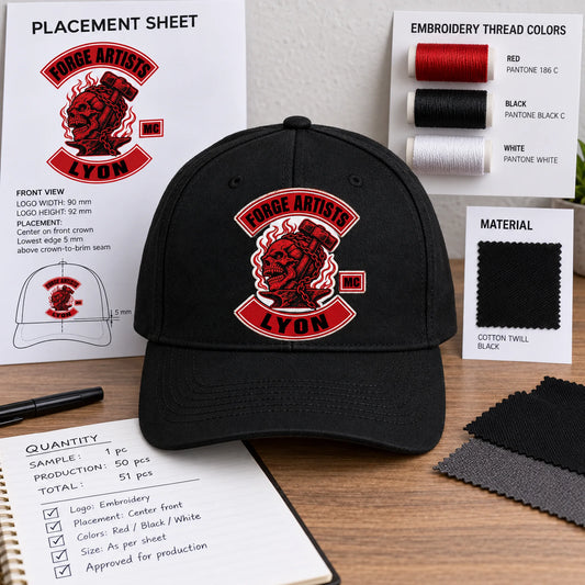 Motorcycle club cap sample with authorized logo, embroidery threads and placement options for approval.