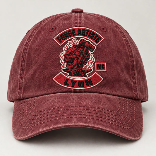 faded burgundy motorcycle club vintage dad hat with an authorized club logo.