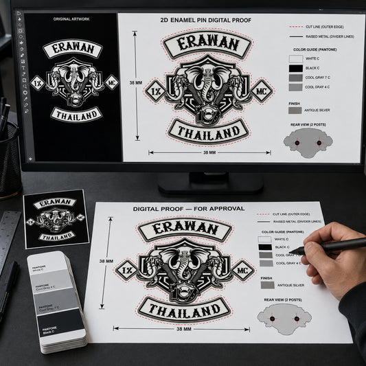 Erawan motorcycle club enamel pin digital proof showing cut line, 38 millimeter size, metal dividers, colors, finish and post positions.