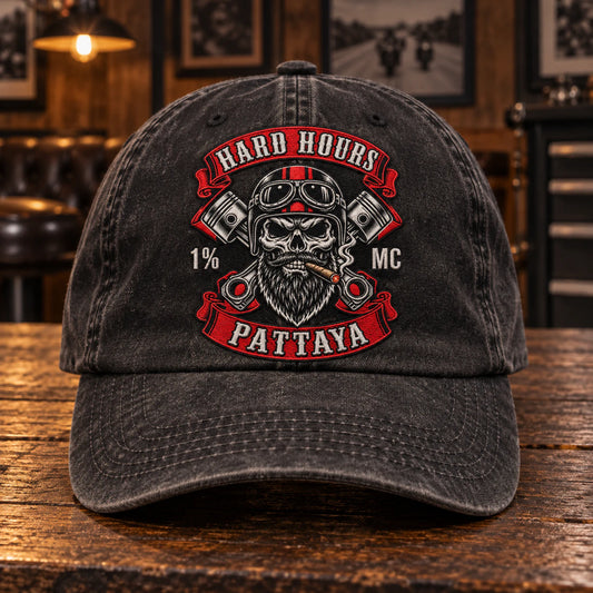 clubhouse gathering motorcycle club vintage dad hat with an authorized club logo.