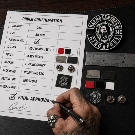 Motorcycle club representative approving a Haemo Panthera enamel pin sample with quantity, size, colors, finish, backing and packaging confirmed.