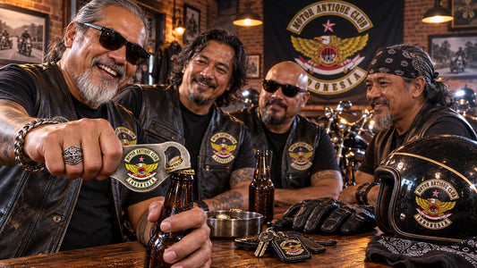 Motorcycle club members sharing a solid custom club bottle opener at a brick clubhouse.