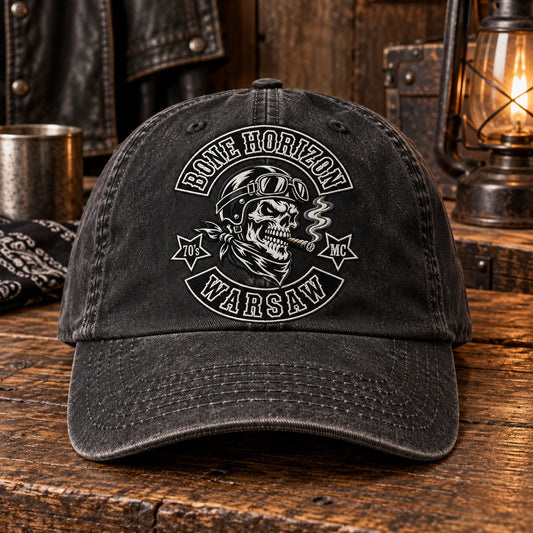 rally display motorcycle club vintage dad hat with an authorized club logo.
