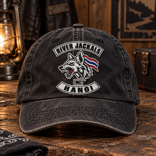 annual run motorcycle club vintage dad hat with an authorized club logo.