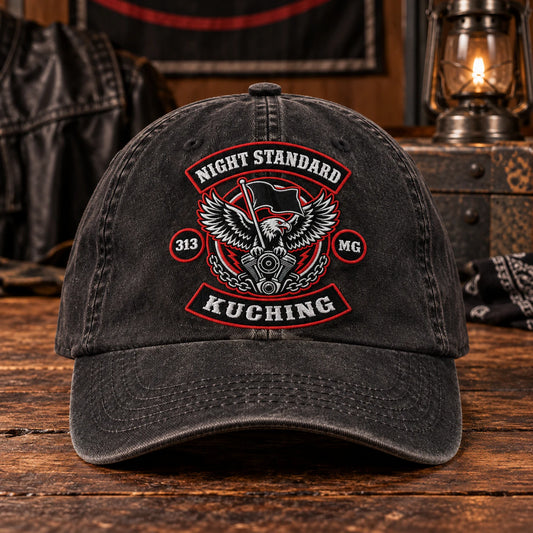 club anniversary motorcycle club vintage dad hat with an authorized club logo.
