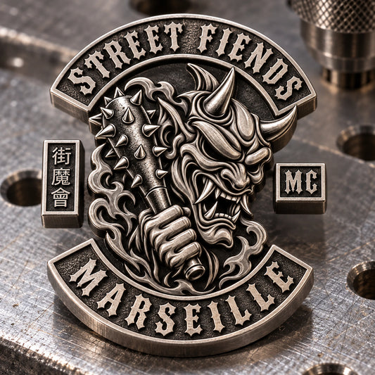 STREET FIENDS metal pin with a deeply sculpted center and flatter raised club lettering.