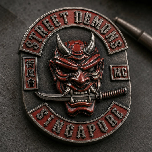 One-piece STREET DEMONS metal pin with a deeply sculpted demon-mask center and flatter raised perimeter lettering.