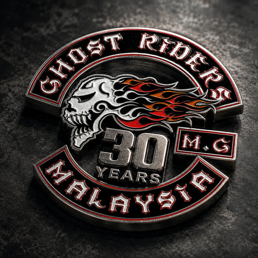 Three-dimensional die-cast motorcycle club anniversary badge with a sculpted milestone and official logo.