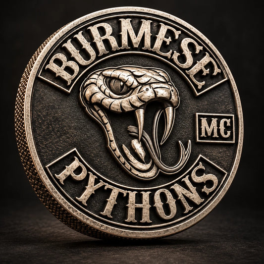 Three-dimensional high-relief motorcycle club challenge coin.