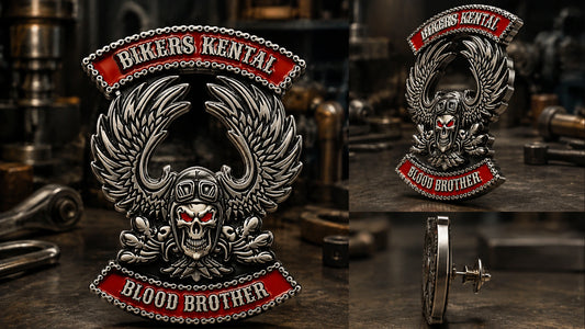 Antique silver 3D motorcycle club pin shown from the front, side, and three-quarter angles on a workshop bench.