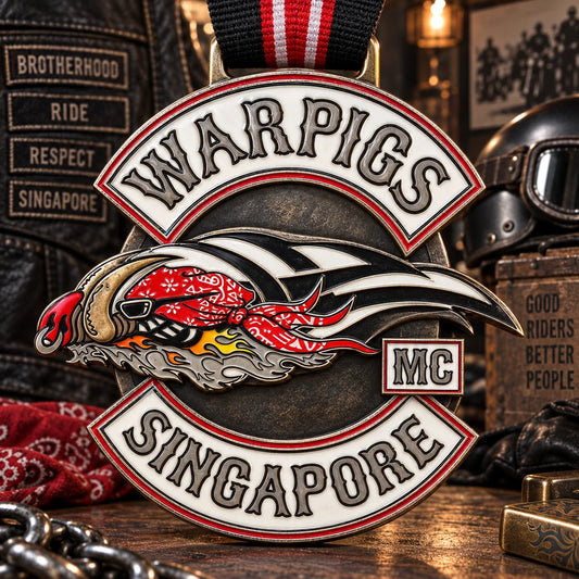 Deep sculpted relief with solid skull, wings and V-twin-inspired mechanical forms. Custom motorcycle club medal.