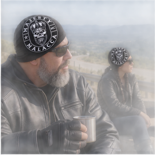 Long-Distance Touring custom motorcycle club skull cap with an approved full-coverage club design.