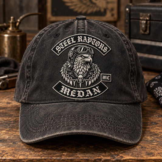 logo design review motorcycle club vintage dad hat with an authorized club logo.