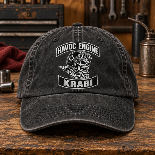 sample review motorcycle club vintage dad hat with an authorized club logo.