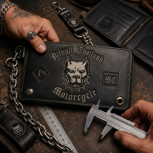 Custom motorcycle club wallet sample with an authorized logo being checked for dimensions, hardware and placement.