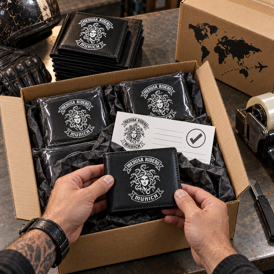 Step 4 — Approve & Produce shown as custom motorcycle club leather wallet gear with an authorized club emblem.