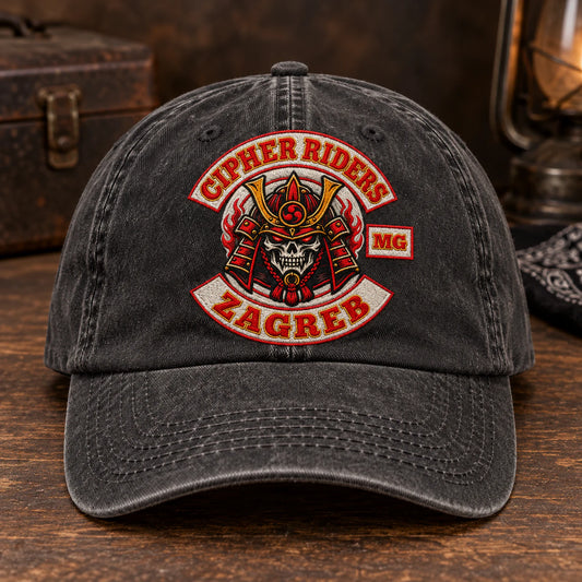 send club logo motorcycle club vintage dad hat with an authorized club logo.