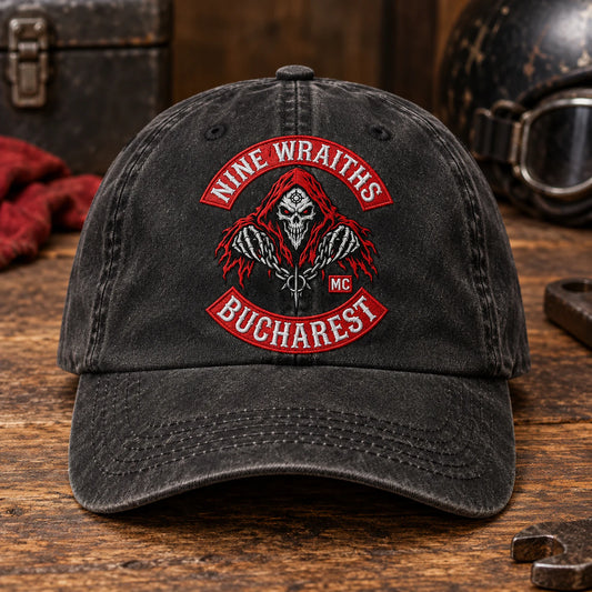 choose hat style motorcycle club vintage dad hat with an authorized club logo.