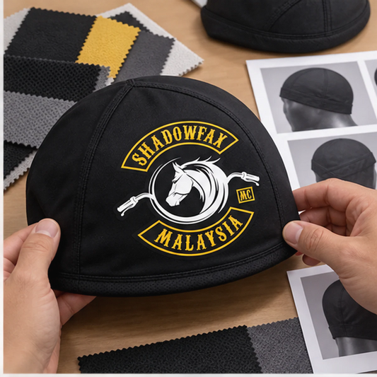 STEP 2 — FREE DESIGN SUPPORT custom motorcycle club skull cap with an approved full-coverage club design.