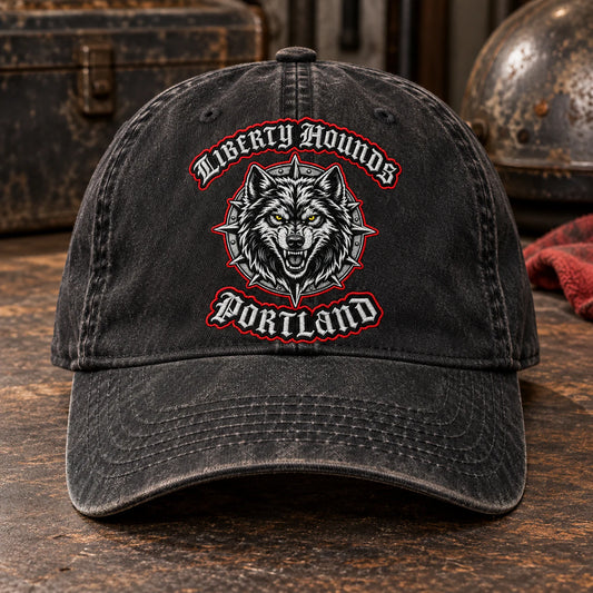 production shipping motorcycle club vintage dad hat with an authorized club logo.
