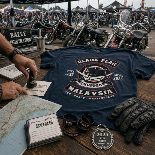 Black Flag Choppers Malaysia commemorative short-sleeve T-shirt displayed with rally registration materials and a motorcycle route map.
