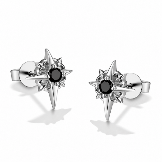 Sterling Silver North Star Stud Earrings for Bikers - product-only front view
