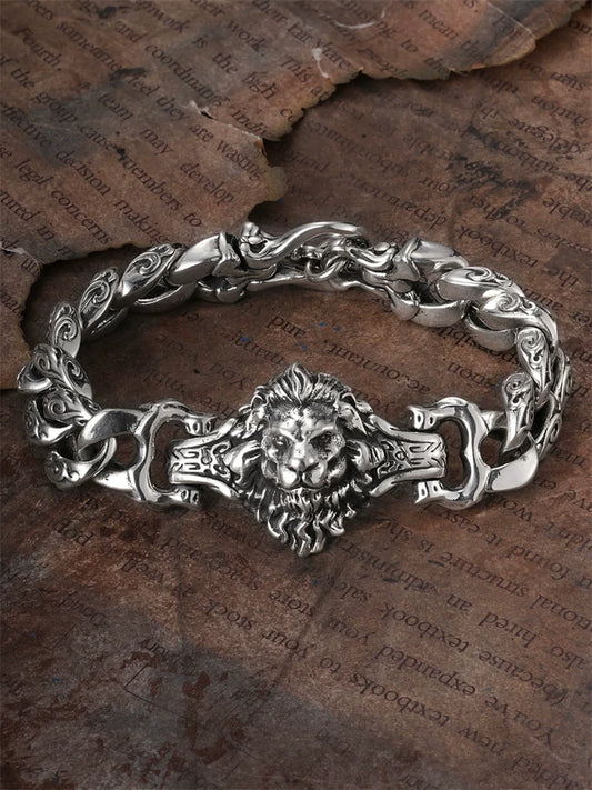 Engraved Lion Head 925 Silver Biker Bracelet product view 1