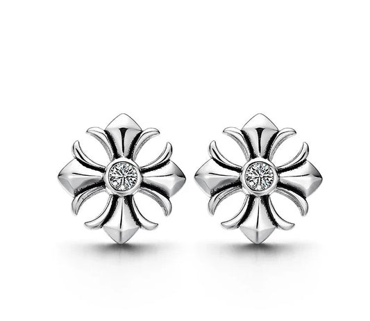 Sterling Silver Cross Flower Stud Earrings for Bikers - view 1