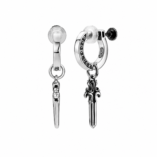 Sterling Silver Good Luck Sword Clip-On Earrings for Bikers - product-only front view