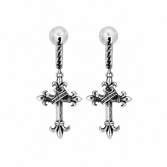 Sterling Silver Fleur-de-Lis Crown Cross Clip-On Earrings for Bikers - product-only front view