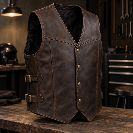 Motorcycle club leather vest with adjustable side straps and reinforced buckle tabs.
